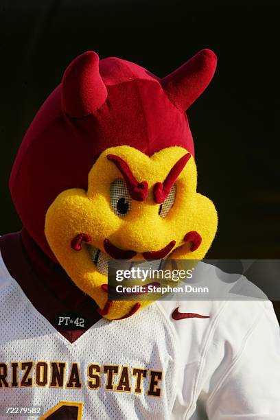 The Arizona State Sun Devils mascot looks on against the USC Trojans at the Los Angeles Memorial Coliseum on October 14, 2006 in Los Angeles,...