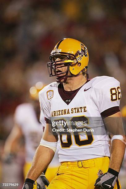 Tight end Zach Miller of the Arizona State Sun Devils reacts against the USC Trojans at the Los Angeles Memorial Coliseum on October 14, 2006 in Los...