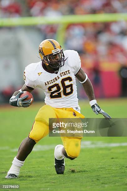 Running back Ryan Torain of the Arizona State Sun Devils carries the ball against the USC Trojans at the Los Angeles Memorial Coliseum on October 14,...