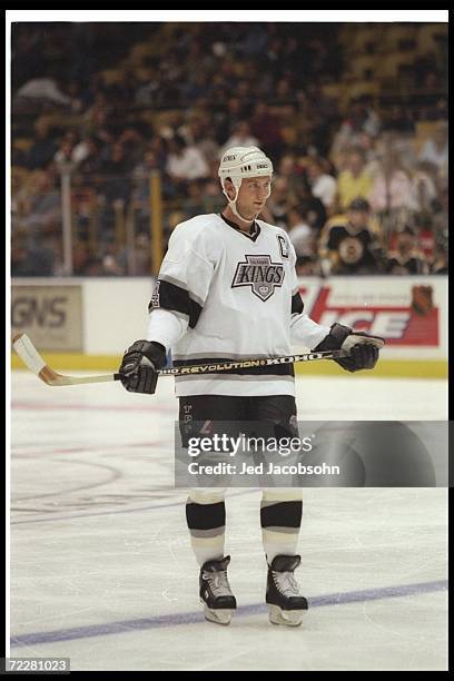 Defenseman Rob Blake of the Los Angeles Kings looks on during a game against the Boston Bruins at the Great Western Forum in Inglewood, California....