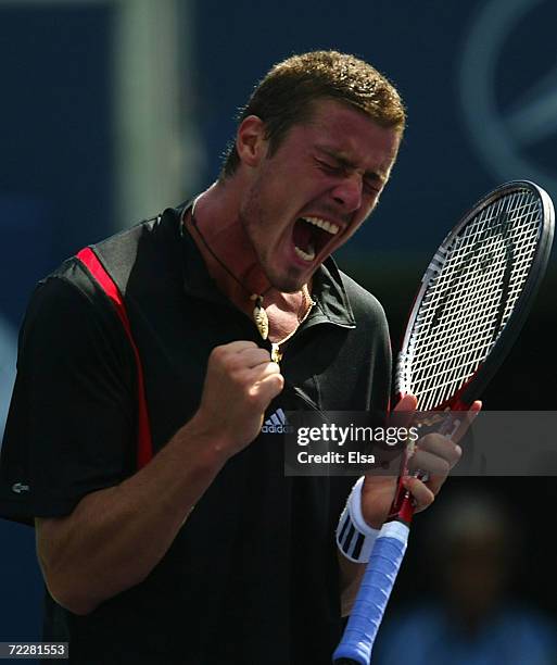 Marat Safin of Russia reacts to a point win in the third set against Nicolas Kiefer of Germany during the Tennis Masters Canada July 28, 2004 at the...