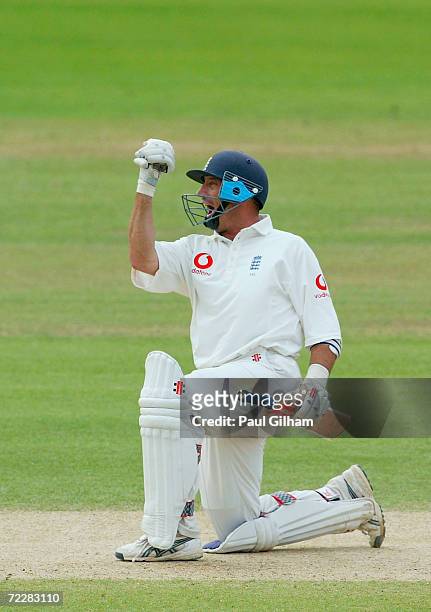 Nasser Hussain of England celebrates after making a century with a boundry that won England the match, during the fifth day of the first npower test...