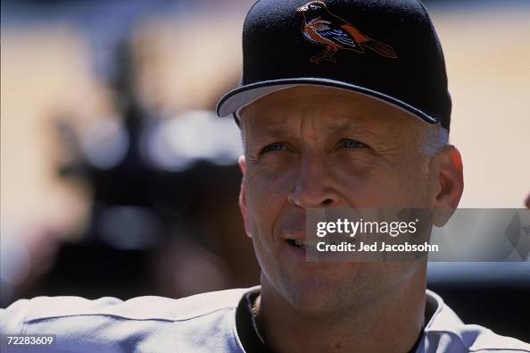 A close up of Cal Ripken Jr. #8 of the Baltimore Orioles as he looks ...