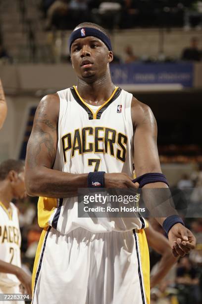 Jermaine O'Neal of the Indiana Pacers stands on the court during the preseason game against the Utah Jazz at Conseco Fieldhouse on October 14, 2006...