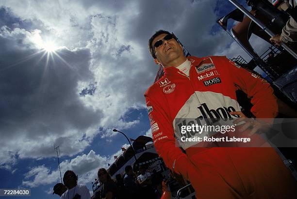 Gil de Ferran of Brazil who drives a Honda Reynard 2KI for Marlboro Penske Racing looks on the track during the Toyota Grand Prix of Long Beach in...