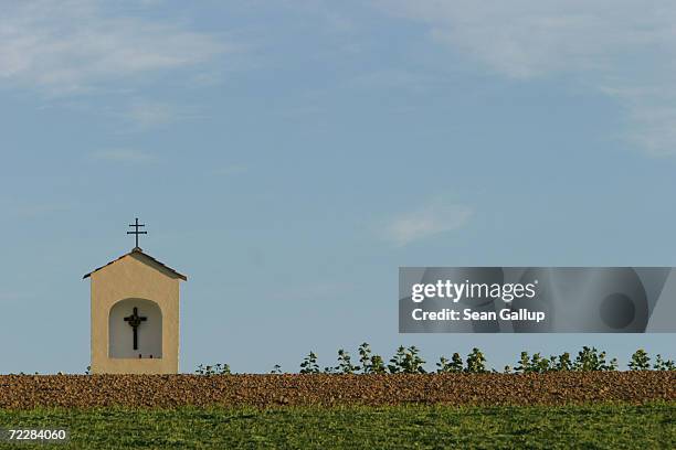 Small shrine stands in a field October 9, 2003 near the childhood home of newly-elected California Governor Arnold Schwarzenegger October 9, 2003 in...