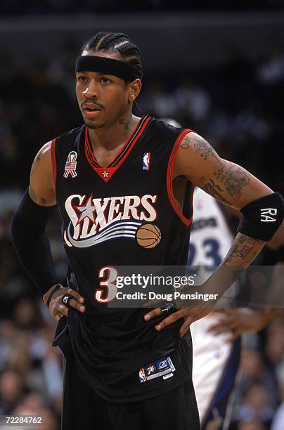 This is a close up of guard Allen Iverson of the Philadelphia 76ers. The picture was taken during the NBA game against the Washington Wizards at the...