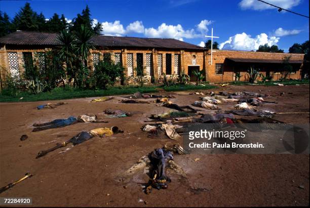 Bodies of Tutsi genocide victims lie outside a church in Rukara, Rwanda May 1994. One of the worst single acts of violence took place at the church,...