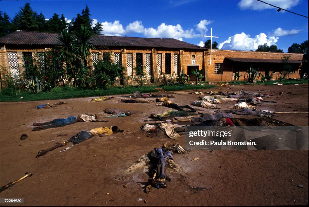 Bodies of Tutsi genocide victims lie outside a church...