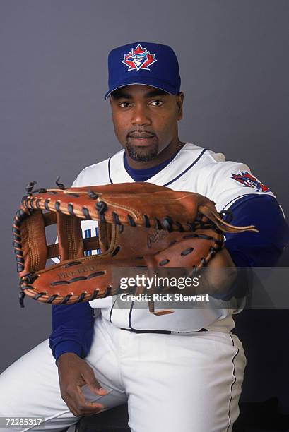 First baseman Carlos Delgado of the Toronto Blue Jays poses for a studio portrait during Blue Jays Picture Day at the Dunedin Stadium in Dunedin,...