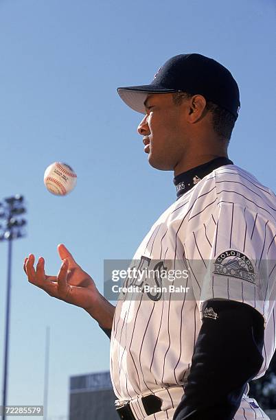 Pitcher Pedro Astacio of the Colorado Rockies poses for a portrait during Spring Training Photo Day in Tucson, Arizona. Mandatory Credit: Brian Bahr...