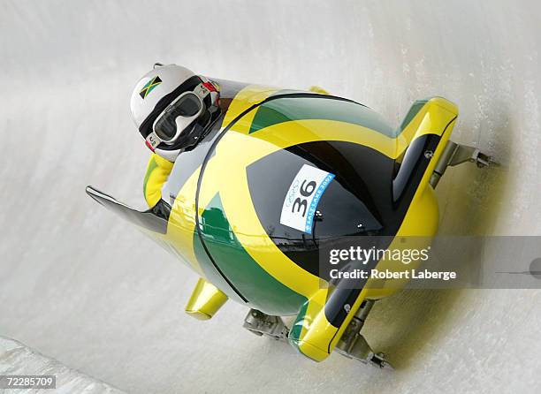 Winston Alexandr Watt and Lascelles Oneil Brown of Jamaica compete in the men's 2-man bobsled during the Salt Lake City Winter Olympic Games at the...