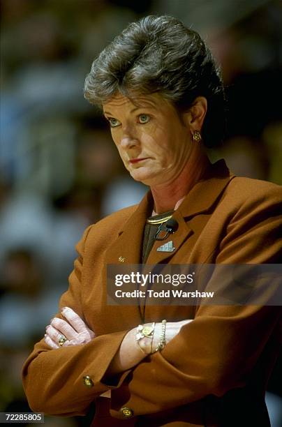 Head coach Pat Summitt of the Tennessee Volunteers watches from the bench during the State Farm Womens Tip-Off Classic against the Purdue...