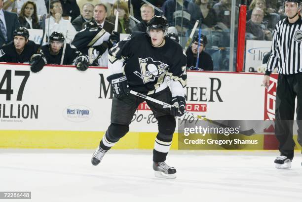 Evgeni Malkin of the Pittsburgh Penguins skates against the New Jersey Devils on October 18, 2006 at Mellon Arena in Pittsburgh, Pennsylvania. The...