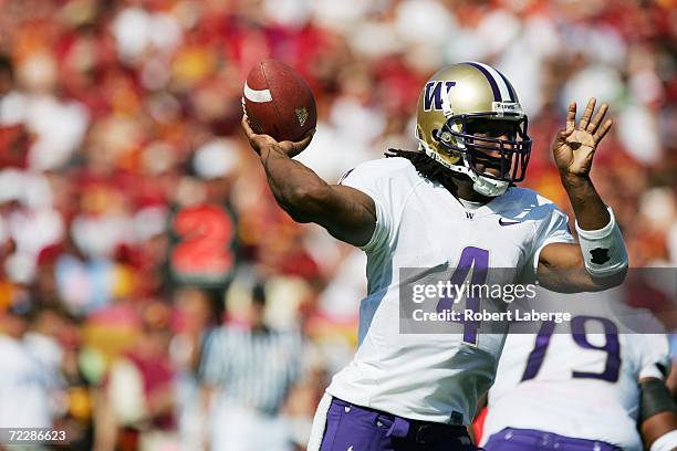 Quarterback Isaiah Stanback of the Washington Huskies throws a pass against the USC Trojans at the Los Angeles Memorial Coliseum on October 7, 2006...