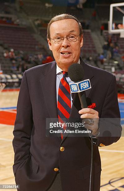 Pistons play-by-play announcer George Blaha works the FSN telecast for the Detroit Pistons and Utah Jazz preseason game at the Palace of Auburn Hills...