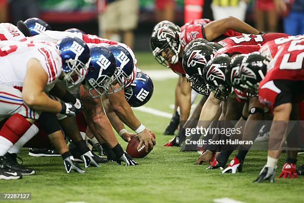 The New York Giants play against the Atlanta Falcons at the Georgia Dome on October 15, 2006 in Atlanta, Georgia. The Giants defeated the Falcons...