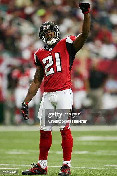 Cornerback DeAngelo Hall of the Atlanta Falcons looks on against the New York Giants at the Georgia Dome on October 15, 2006 in Atlanta, Georgia. The...