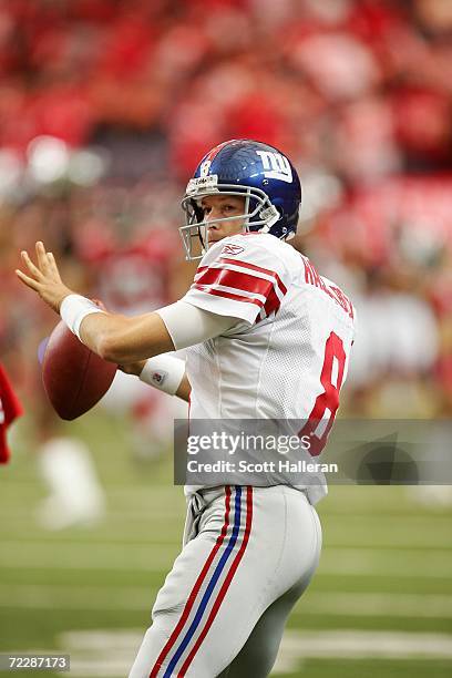 Quarterback Tim Hasselbeck of the New York Giants warms up before the game against the Atlanta Falcons at the Georgia Dome on October 15, 2006 in...