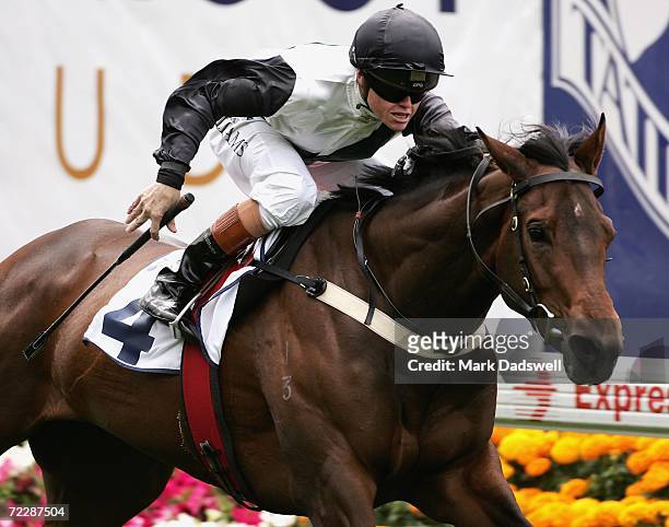 Craig Williams riding Manna Miss wins the Mornmoot Stud Stakes during the Cox Plate meeting at Moonee Valley Racing Club on October 28, 2006 in...