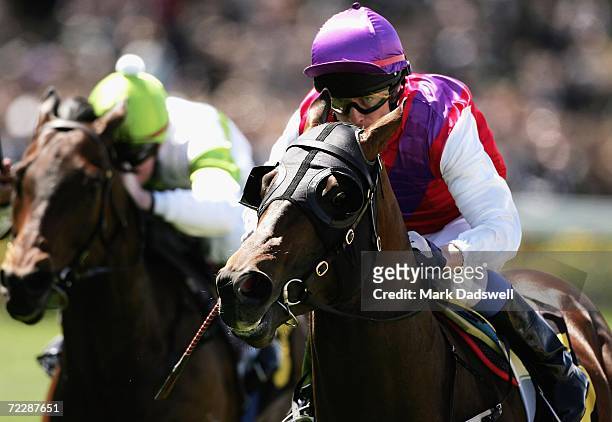 Kieren Fallon riding California Dane wins the Schweppes Stakes during the Cox Plate meeting at Moonee Valley Racing Club on October 28, 2006 in...