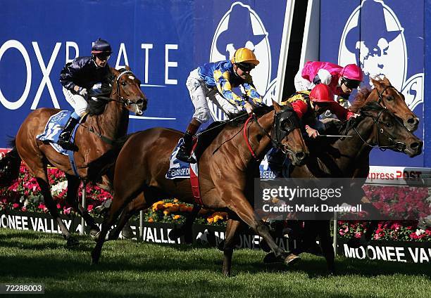 Craig Williams riding Fields Of Omagh on the outside narrowly defeats El Segundo ridden by Darren Gauci and Pompeii Ruler ridden by Craig Newitt to...