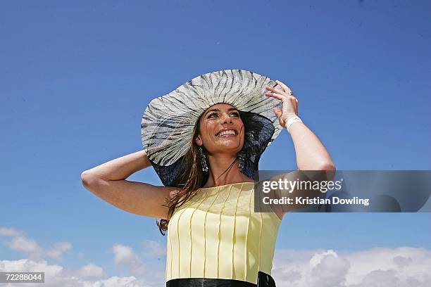 Actress Jolene Anderson poses at the "Fashions on the Field" competition during the Cox Plate meeting at Moonee Valley Racing Club on October 28,...