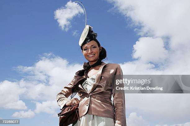 Fashions on the Field" competition winner Nina Egan poses during the Cox Plate meeting at Moonee Valley Racing Club on October 28, 2006 in Melbourne,...