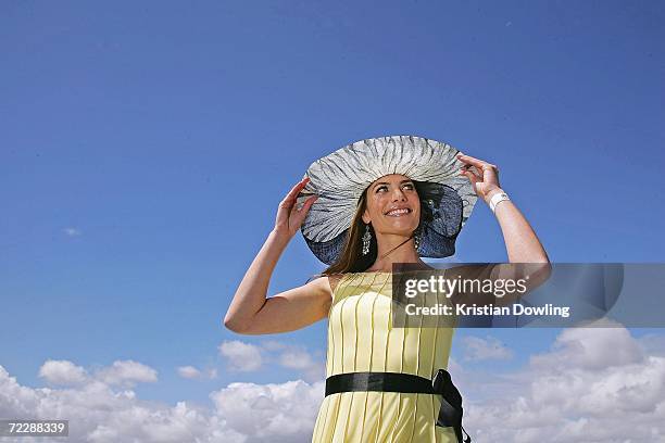 Actress Jolene Anderson poses at the "Fashions on the Field" competition during the Cox Plate meeting at Moonee Valley Racing Club on October 28,...