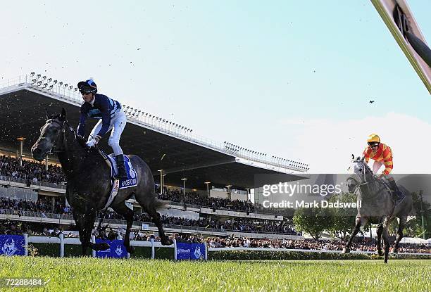 Glen Boss on Racing To Win and Steven King on Grey Swall finish the Tattersall's W. S. Cox Plate second last and last respectively during the Cox...