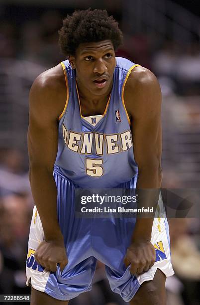 Yakhouba Diawara of the Denver Nuggets watches a freethrow during the game against the Los Angeles Clippers on October 27, 2006 at Staples Center in...