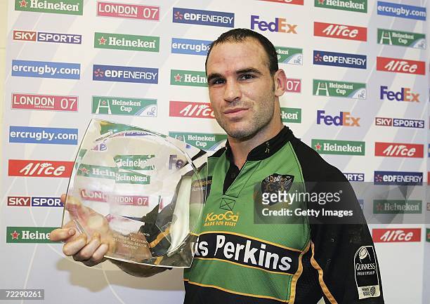 Mark Robinson of Northampton Saints poses with his Man of the Match award during the Heineken Cup match between Northampton Saints and Border Reivers...