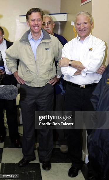 Democratic candidate for U.S. Senate Ned Lamont waits to speak to members of local 32B/J of the Service Employees International Union alongside SEIU...