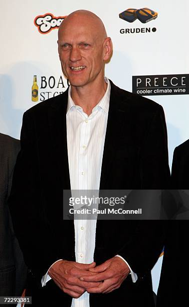 Peter Garrett of Midnight Oil poses backstage in the Awards Room with the Final 2006 ARIA Hall Of Fame Recipiant Award at the ARIA Awards 2006 at the...