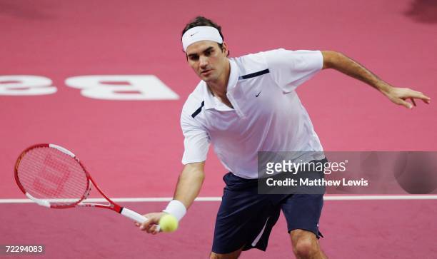 Roger Federer of Switzerland in action against Fernando Gonzalez of Argentina during the mens final of the ATP Davidoff Swiss Indoors Tournament at...