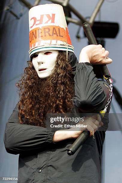 Guitarist Buckethead uses a nunchaku weapon during his performance with the band Praxis at the Vegoose music festival at Sam Boyd Stadium's Star...