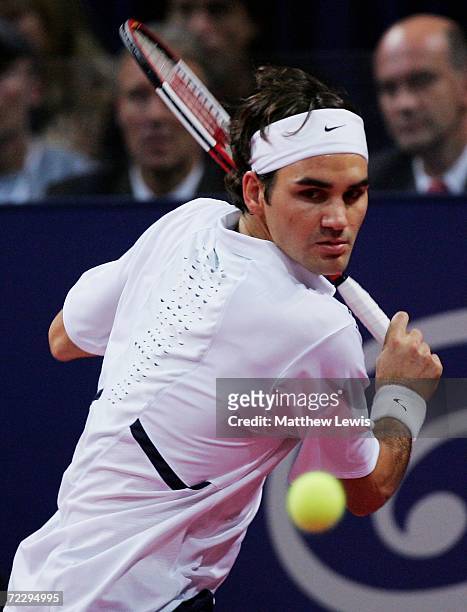 Roger Federer of Switzerland in action against Fernando Gonzalez of Argentina during the mens final of the ATP Davidoff Swiss Indoors Tournament at...