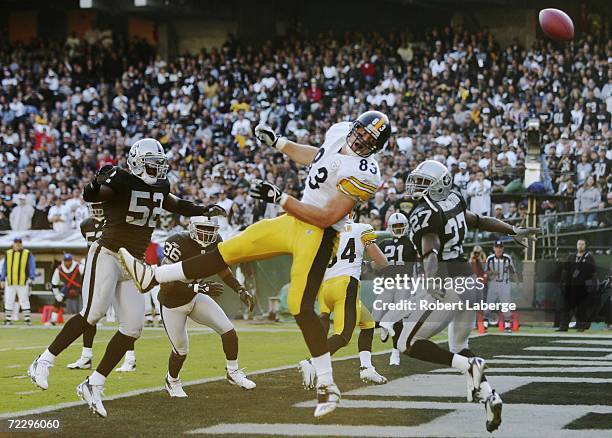 Heath Miller of the Pittsburgh Steelers misses a touchdown reception against the Oakland Raiders during an NFL game at McAfee Coliseum October 29,...