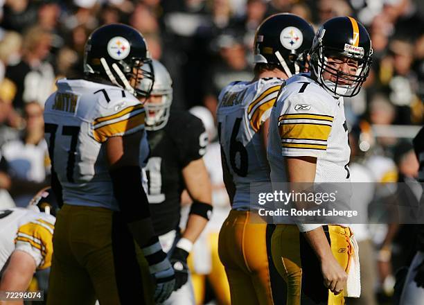 Ben Roethlisberger of the Pittsburgh Steelers looks on against the Oakland Raiders during an NFL game at McAfee Coliseum October 29, 2006 in Oakland,...