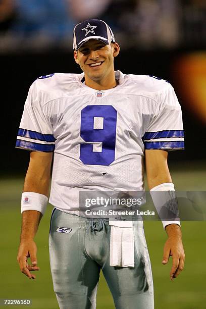 Tony Romo of the Dallas Cowboys warms up before the start of their game against the Carolina Panthers on October 29, 2006 at Bank of America Stadium...