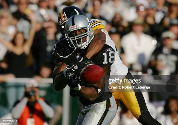 Randy Moss of the Oakland Raiders fumbles a reception against pressure from Ike Taylor of the Pittsburgh Steelers during an NFL game at McAfee...