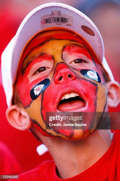 Kansas City Chiefs fan Ethan Grask cheers during the game between the Seattle Seahawks and the Kansas City Chiefs on October 29, 2006 at Arrowhead...