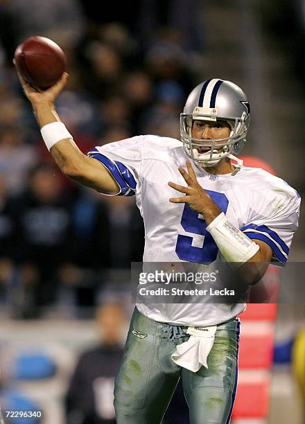 Tony Romo of the Dallas Cowboys throws a pass during their game against the Carolina Panthers on October 29, 2006 at Bank of America Stadium in...