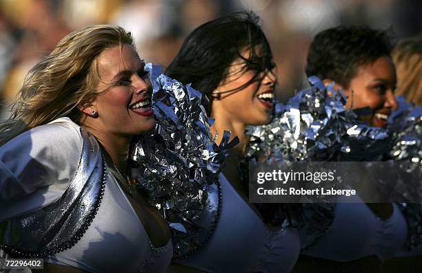 The Oakland Raiders cherleaders perform during the game between the Oakland Raiders and the Pittsburgh Steelers during an NFL game on October 29,...