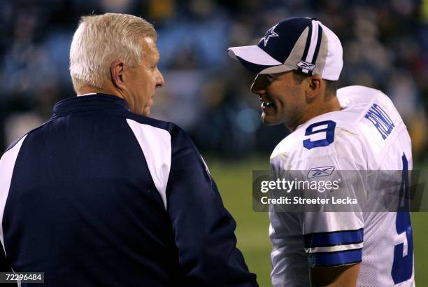 Tony Romo talks with head coach Bill Parcells of the Dallas Cowboys after defeating the Carolina Panthers 35-14 during their game on October 29, 2006...