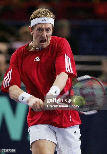 Jonas Bjorkman of Sweden plays a backhand during his match against Nicolas Almagro of Spain on day one of the BNP Paribas ATP Tennis Masters Series...