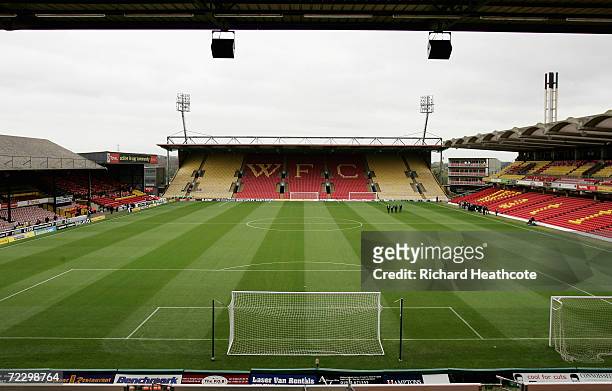 General view of the Vicarage Road stadium, home of Watford FC and Saracens Rugby during the Barclays Premiership match between Watford and Tottenham...