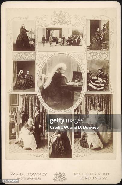 Montage of images of Queen Victoria , to celebrate the Diamond Jubilee of her reign, 1897. On the bottom left, she is pictured with her son Edward...