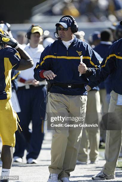 Head coach Rich Rodriguez of the West Virginia University Mountaineers on the sideline during a game against the Syracuse University Orange at Milan...