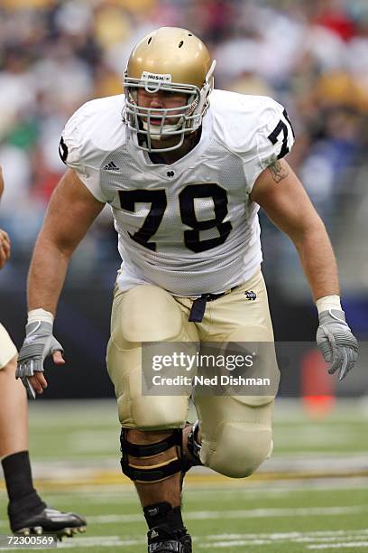 Offensive lineman John Sullivan of the Notre Dame Fighting Irish looks to block against the Navy Midshipmen on October 28, 2006 at M&T Bank Stadium...